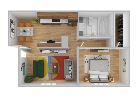 a 3d rendering of a two bedroom apartment at The  Landing Apartments