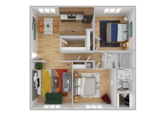 a 3d floor plan of a two bedroom apartment at The  Landing Apartments