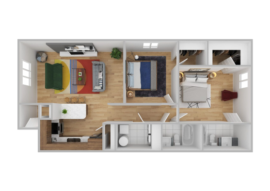 a 3d rendering of a two bedroom apartment at The  Landing Apartments